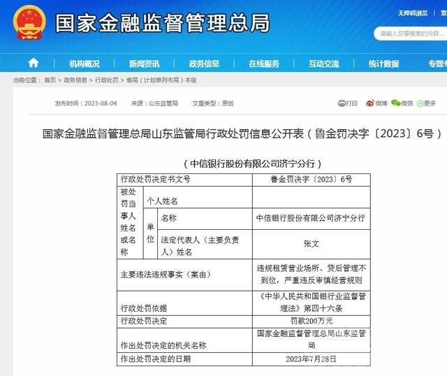 中信银行济宁分行被罚200万：严重违反审慎经营规则等-1.jpg