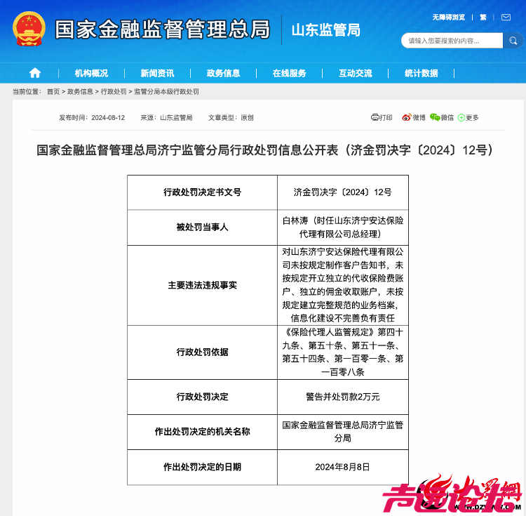 山东济宁安达保险代理有限公司总经理被罚款2万元-1.png