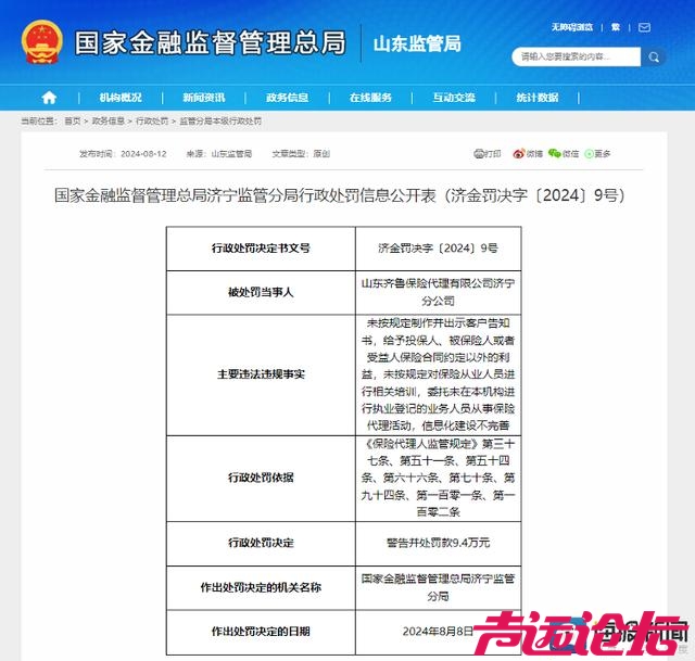 因多项业务不规范，山东齐鲁保险代理公司济宁分公司被罚9.4万元-1.jpg