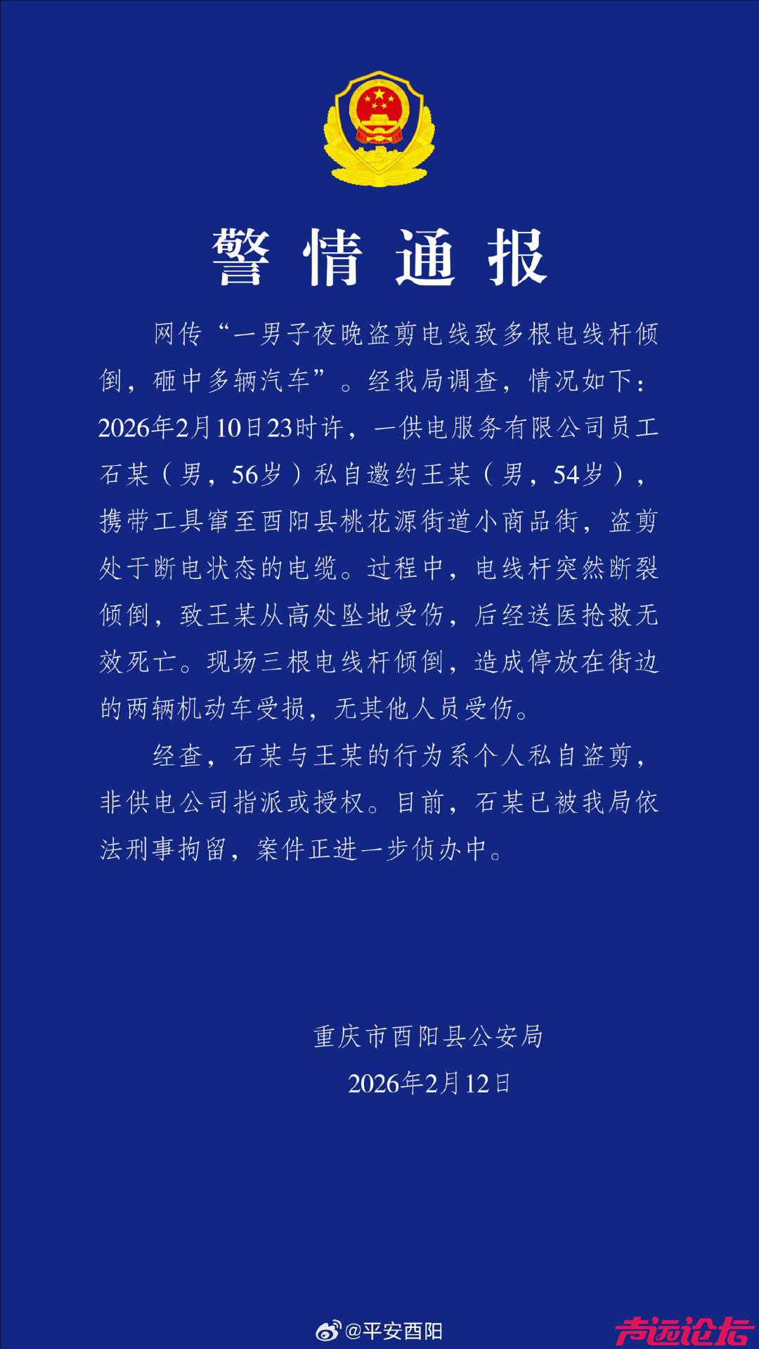“一男子盗剪电线致电线杆倾倒，砸中多辆汽车，同伴坠地死亡”，警方通报-1.jpg
